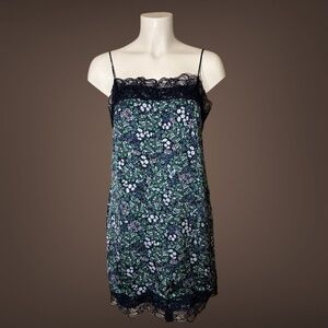 Women's Aerie Blue & Navy Floral Slip Dress, Lace Detail, Tie Shoulder Straps, M